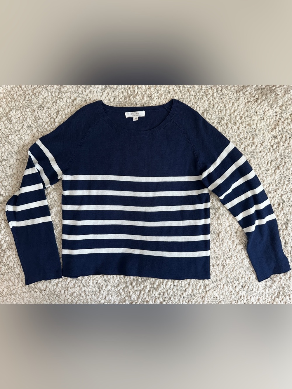 BRIT.NY Navy Blue White Striped 100% Cotton Knit Sweater Pullover Size Medium